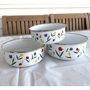 Vintage Lillian Vernon Enamel Tulip Floral Nesting Bowls Set Of 3 Holland Theme